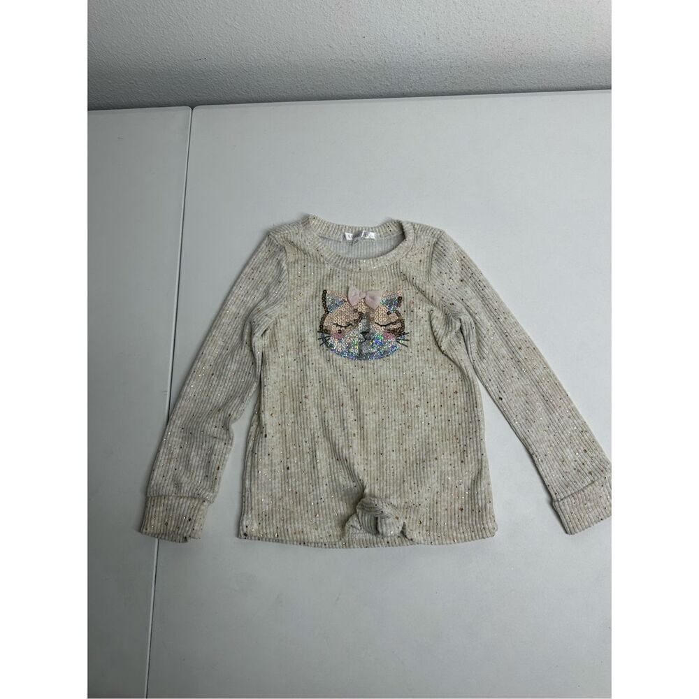 Nannette Girls Long Sleeve Cat Shirt Sweater Tan Sequins Trim Size 4T
